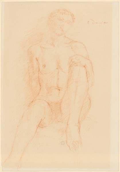 Sitting boy act, red chalk, sheet: 36.2 x 25.1 cm, O. r., signed with red chalk: C. Despiau,