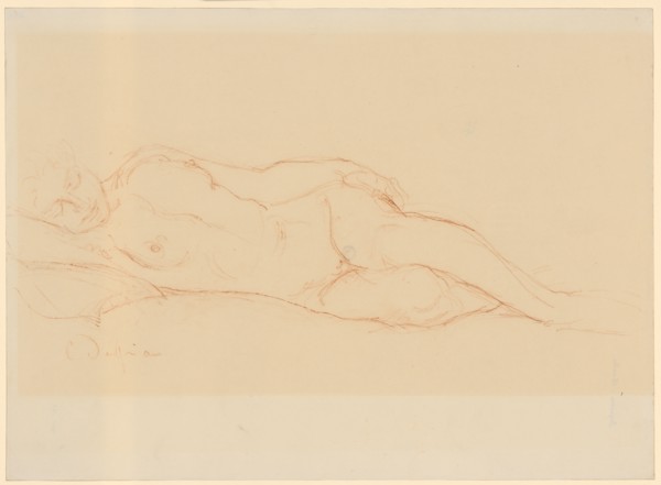 Lying female act, red chalk, leaf: 26.9 x 36.9 cm, U. l., signed with red chalk: C. Despiau,