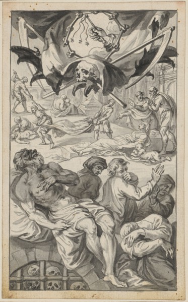 Deadly disease., Dying and buried in front of an old city, 1650-1699, pen and ink, single-line