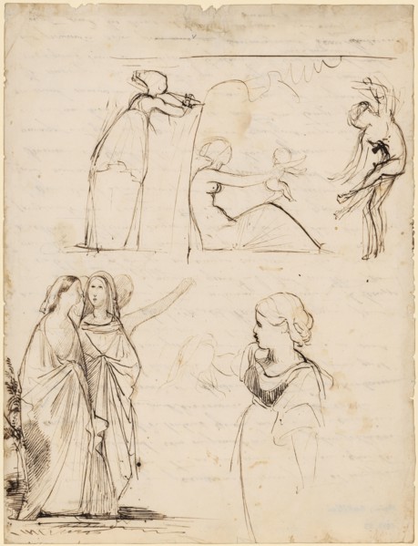 Young woman with child between flute and dancer sitting on floor., Women's group, wrapped in coats,