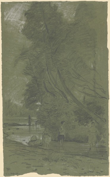 Bathers on wooded shore, pencil, heightened in white, on gray-green paper, sheet: 42 x 25.2 cm, U.