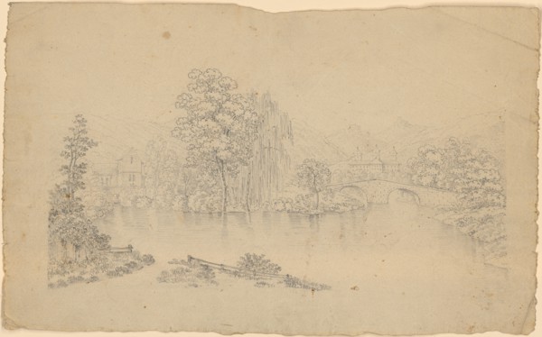 Landscape with church and monastery at a river mouth in the lake, pencil, sheet: 21 x 34.2 cm, not
