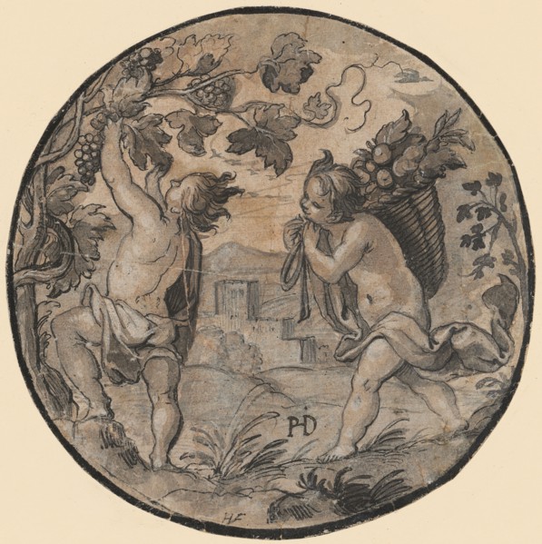 Two putti at harvest, feather in black, gray washed, heightened with white, on reddish-tinted