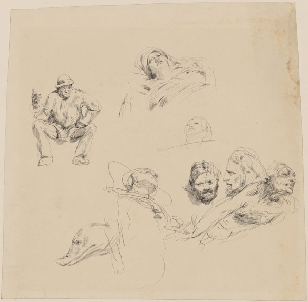 Study sheet with a seated man, three head studies, three figurative partial sketches and one animal