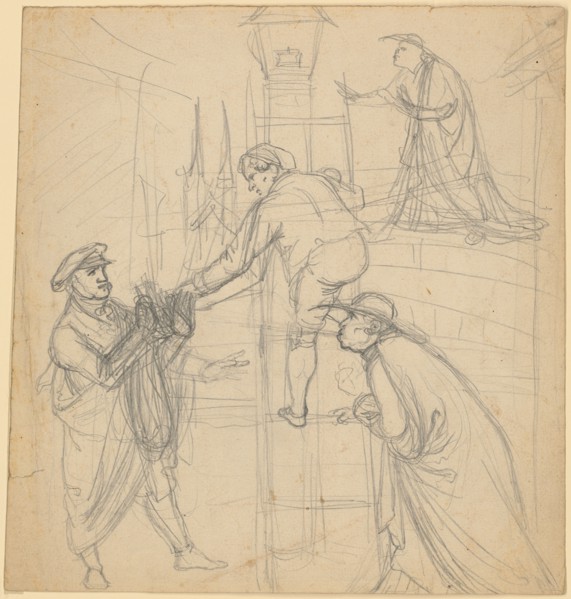 Study on lithography: Lucerna, the first street lighting in Lucerne, which attempts to blow out a