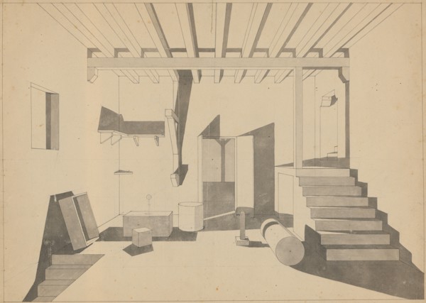 Perspective drawing of an interior with a window and an open door, a look into an arbor, pen and