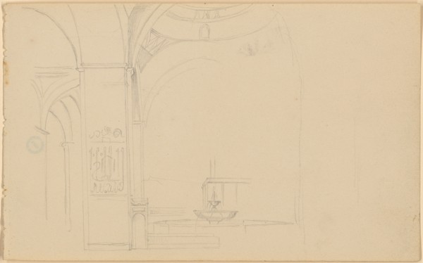 Sketch sheet: 4: Fountain courtyard of a mosque, 1843, pencil, quadratic grid, Sheet: 11.4 x 18.5