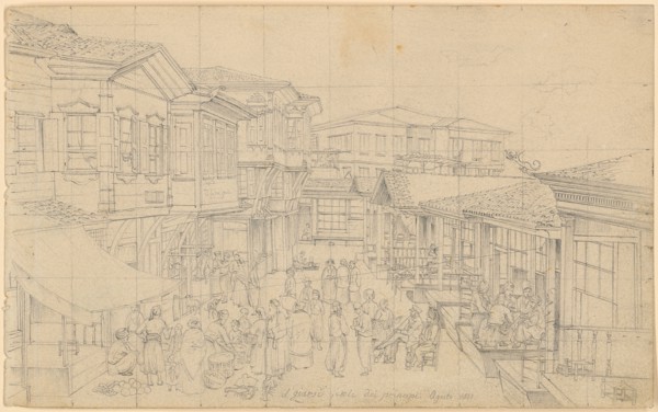 Sketch Sheet: 5: Turkish Street Life between the Bazaars, 1843, pencil, sheet: 11.4 x 18.5 cm,