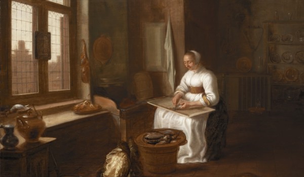 Hercules Sanders, Dutch, 1606- after 1673, A Woman Cleaning Fish, 1647, Oil on oak panel, Unframed: