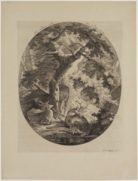 Johann Elias Ridinger, German, 1698-1769, Deer Resting at Noonday, 18th century, engraving and