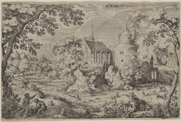 Jacob, I Savery, Netherlandish, 1565-1603, Deer Hunt in a Swamp before a Chapel and Tower, c. 1602,