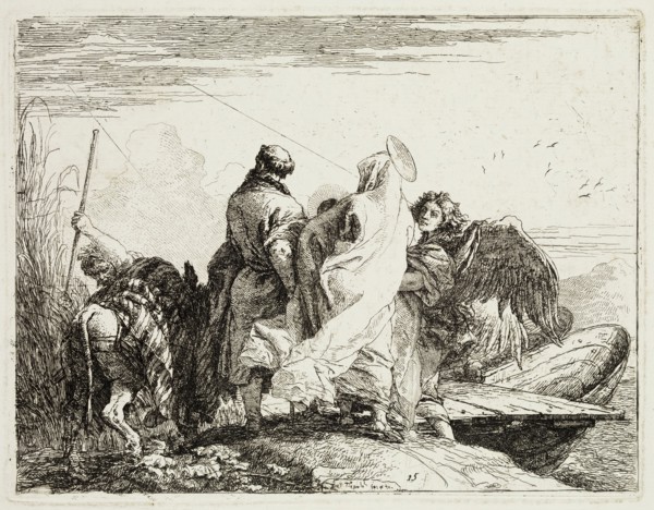 Giovanni Domenico Tiepolo, Italian, 1727-1804, The Holy Family Stepping off the Bank, ca. 1753,