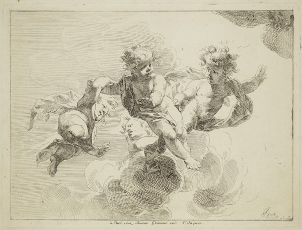 Jacob de Wit, Dutch, 1695-1754, Putti Hovering Amongst Clouds, 18th century, etching printed in