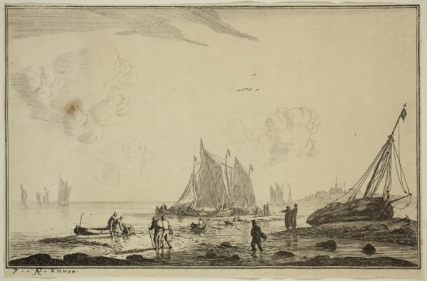 Reinier Nooms, Dutch, 1623-1667, Harbor Scene with Beached Sailing Vessel, 17th century, etching