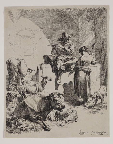 Nicolaes Berchem, Dutch, 1620-1683, Shepherd Sitting on the Fountain, 1652, etching printed in