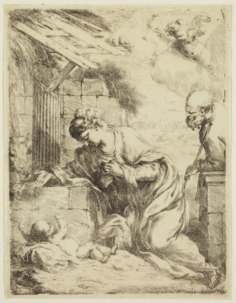 Bartolommeo Biscaino, Italian, 1632-1657, Virgin Adoring the Infant Jesus, 1655, etching printed in