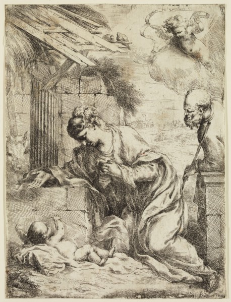 Bartolommeo Biscaino, Italian, 1632-1657, Virgin Adoring the Infant Jesus, 1655, etching printed in