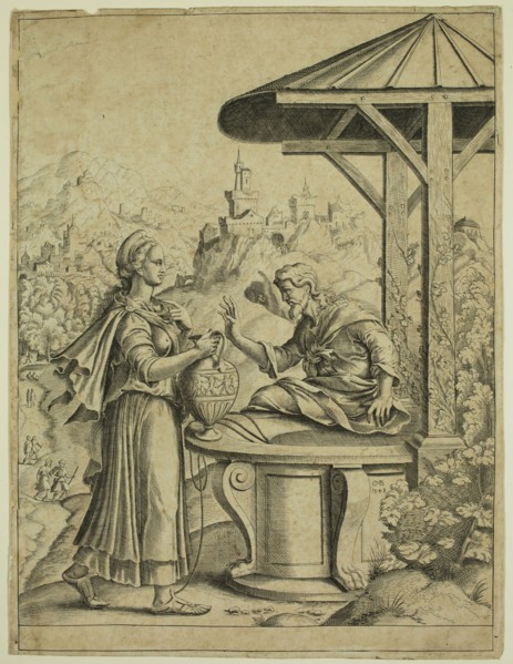 Cornelis Bos, Netherlandish, 1506-1564, Christ at the Well of Samaria, 1548, engraving printed in