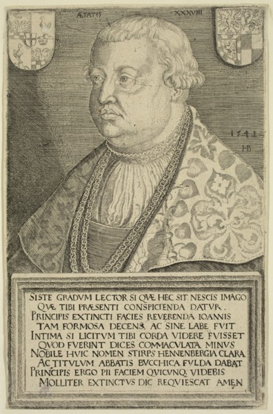 Hans Brosamer, German, 1500-1552, Johann von Henneberg, Prince-abbot of Fulda, 1541, engraving