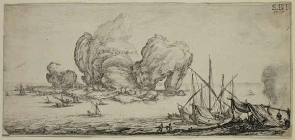 Le grand rocher, ca. 1630, etching printed in black ink on laid paper glued to gray wove paper,