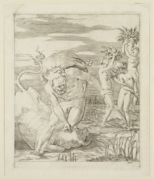Gian Jacopo Caraglio, Italian, 1500-1570, Hercules Throwing Down Achelons in the Form of a Bull,