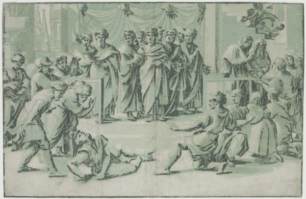 Ugo da Carpi, Italian, 1480-1532, after Raphael, Italian, 1483-1520, Death of Ananias, between 1480
