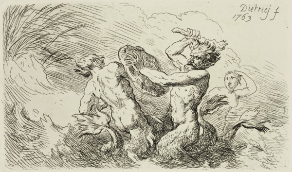 Christian Wilhelm Ernst Dietrich, German, 1712-1774, Mermen Fighting, 1763, Engraving printed in