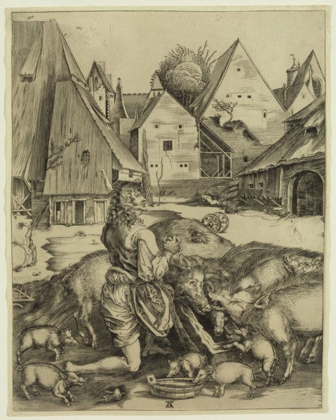 after Albrecht Dürer, German, 1471-1528, The Prodigal Son amid the Swine, c. 1496, Engraving