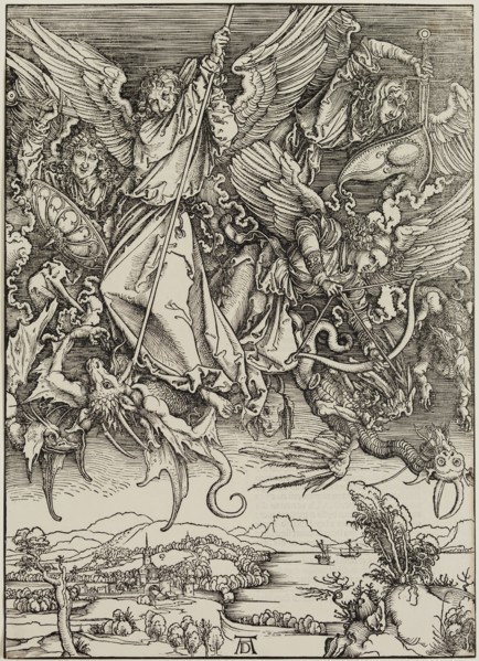 Albrecht Dürer, German, 1471-1528, Saint Michael Fighting the Dragon, ca. 1497, woodcut printed in