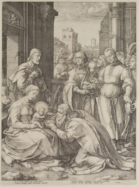 Hendrick Goltzius, Dutch, 1558-1617, Adoration of the Magi, 1593, engraving printed in black ink on