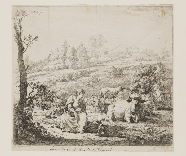Karel Dujardin, Dutch, 1622-1678, Shepherdess Speaking to Her Dog, 1653, etching printed in black