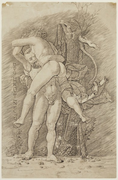 school of Andrea Mantegna, Italian, 1431-1506, Hercules and Antaeus, between 1450 and 1500, etching