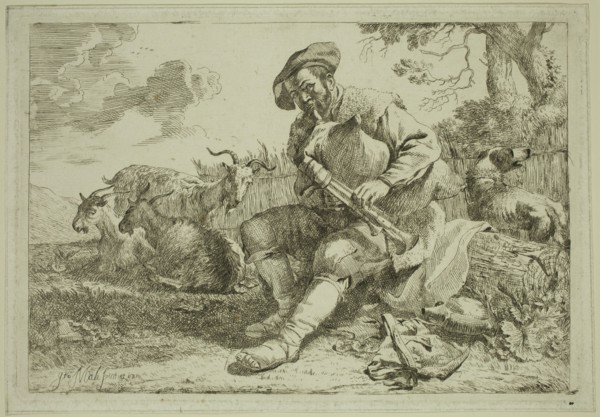 Jan Miele, Flemish, 1599-1663, The Shepherd with the Bagpipe, mid-16th century, etching printed in