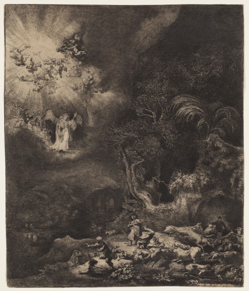 Rembrandt Harmensz van Rijn, Dutch, 1606-1669, Angel Appearing to the Shepherds, 1634, etching,