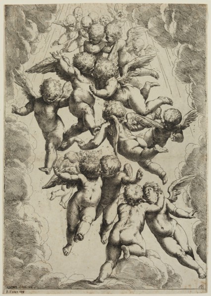 Guido Reni, Italian, 1575-1642, after Luca Cambiaso, Italian, 1527-1585, Angels in Glory, between