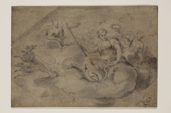 Unknown (Italian), Goddess Drawn in Chariot by Two Dogs, 17th century, pen and brush, black ink and