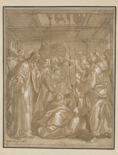 Marten de Vos, Netherlandish, 1532-1603, Christ Healing the Palsied Man, 1586, pen and brown ink