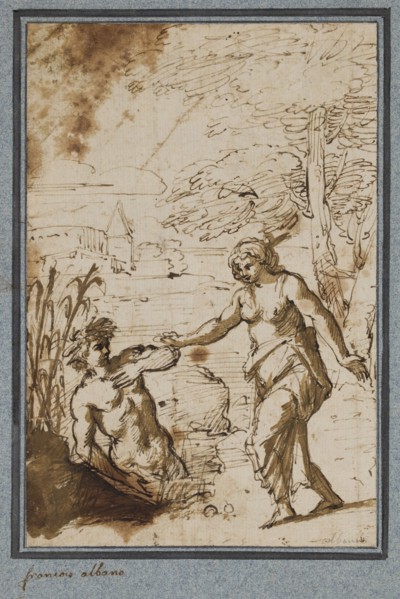circle of Francesco Albani, Italian, 1578-1660, Pan and Syrinx, early 17th century, pen and brown