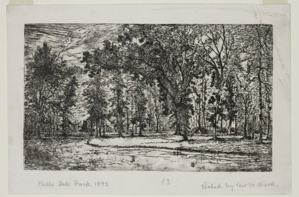 George W. Clark, American, Forest of Belle Isle Park - Detroit, 1893, etching printed in black ink