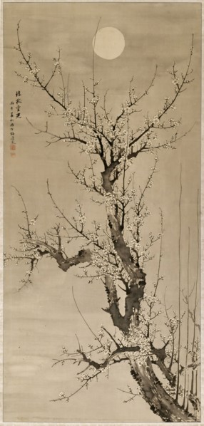 Yamamoto Baiitsu, Japanese, 1783-1856, Prunus in the Moonlight, 1846, Ink on silk, Overall: 103 3/4