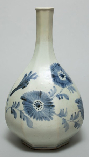 Unknown (Korean), Bottle with Design of Butterfly and Chrysanthemums, 19th Century, Porcelain with