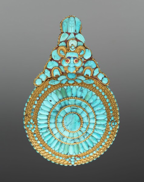 Tibetan, Buddhist Ornament, 19th century, Turquoise, gold, silver, and coral, Overall: 4 1/2 inches