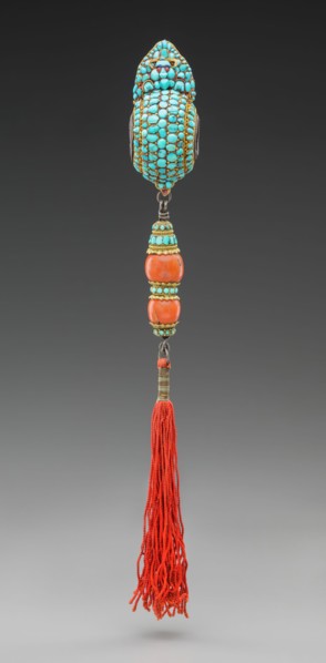 Tibetan, Buddhist Ornament, 19th century, Turquoise, coral, gold, silver, thread, Overall (with