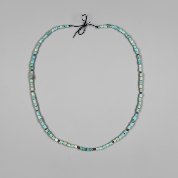 Necklace, Necklace consisting of 97 cylindrical blue-glazed faience beads, interwoven with 13