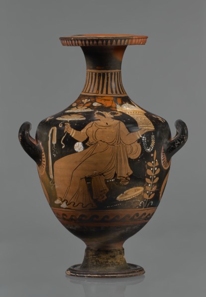 Red-figure hydria, Southern Italy, Apulia; hydria vessel, 330–320 BC. Black glossy engobe with some