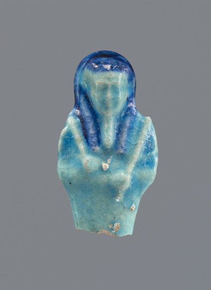 Shabti, Mummy-shaped figurine, funerary gift, back supported by a pillar/pilaster. Legs missing.