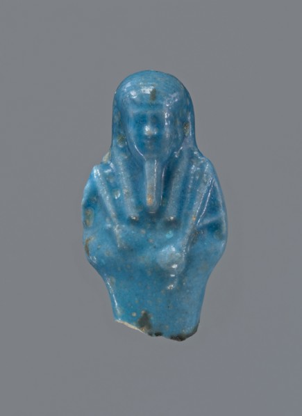 Shabti, Mummy-shaped figurine, funerary offering, supported on a pillar at the back. Legs missing.