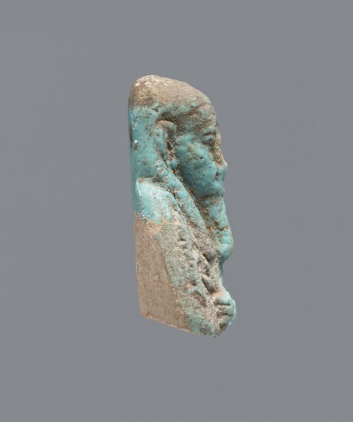 Ushabti - upper part of a figurine. Mummy-shaped figurine, funerary gift; head and torso fragment.