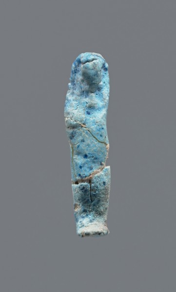 Shabti, mummy-shaped figurine, funerary gift. Legs missing. Arms crossed on the chest. Hands