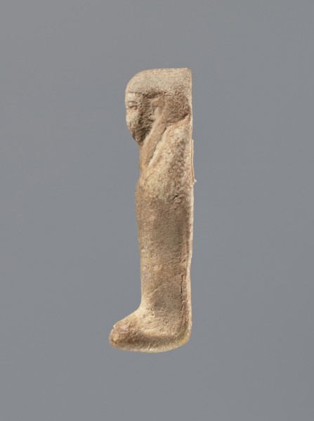 Shabti, Mummy-shaped figurine, standing on a base, the back supported by a flat pillar. Arms